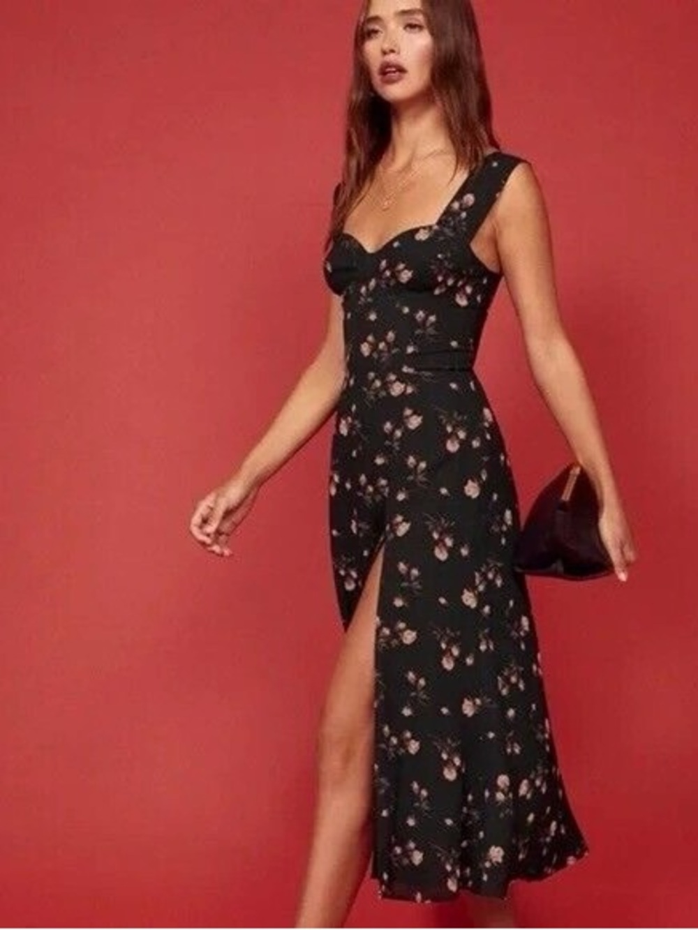 Reformation Fulton Dress Romy Floral Black Pink Midi Size 10 - Picture 2 of 14